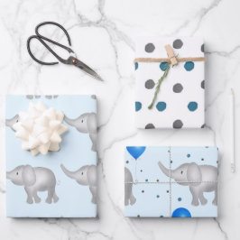 Blauwe Waterverf Elephants & Stippen Patroonset va Inpakpapier Vel