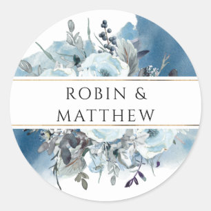 Blauwe Waterverf en Bloemenenvelop / Favor Ronde Sticker