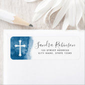 Blauwe waterverf en cross-baptismegemeenschap etiket (Insitu)