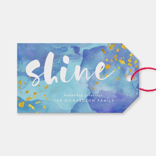 Blauwe Waterverf en Goud | glanzen Cadeaulabel (Voorkant (Horizontaal))