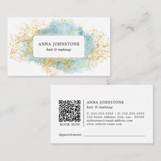 Blauwe Waterverf en gouden QR-code | benoeming Visitekaartje (Voorkant / Achterkant)