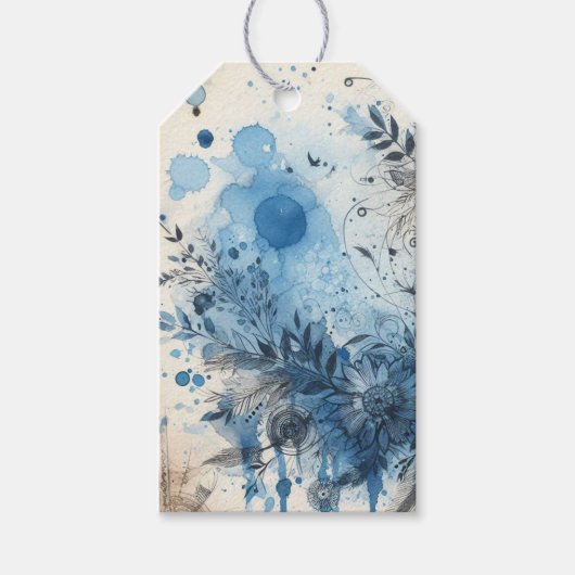 Blauwe Waterverf Ephemera Cadeaulabel (Voorkant)