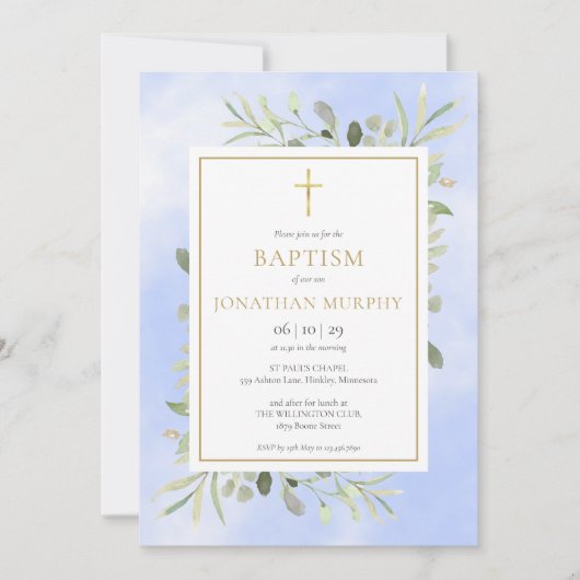 Blauwe Waterverf Eucalyptus Greenery Baptisme Kaart (Voorkant)