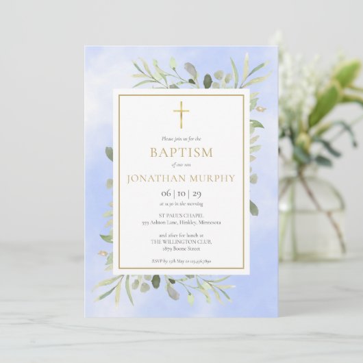 Blauwe Waterverf Eucalyptus Greenery Baptisme Kaart (Staand voorkant)