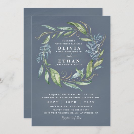 Blauwe Waterverf Eucalyptus groen krans bruiloft Kaart (Voorkant / Achterkant)