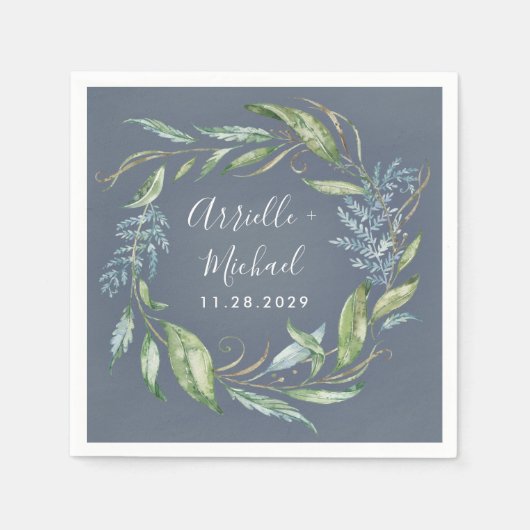 Blauwe Waterverf Eucalyptus groen krans bruiloft Servet (Voorkant)