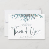 Blauwe Waterverf Eucalyptus Stijlvolle Script Foto Bedankkaart (Voorkant)