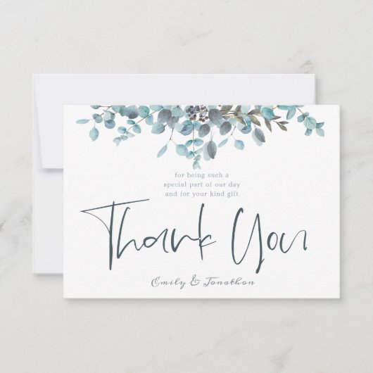 Blauwe Waterverf Eucalyptus Stijlvolle Script Foto Bedankkaart (Voorkant)