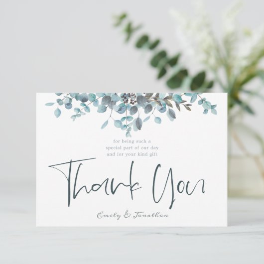 Blauwe Waterverf Eucalyptus Stijlvolle Script Foto Bedankkaart (Staand voorkant)