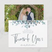 Blauwe Waterverf Eucalyptus Stijlvolle Script Foto Bedankkaart (Voorkant / Achterkant)