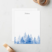 Blauwe Waterverf Evergreen Trees Notitiekaartje (Voorkant / Achterkant in situ)