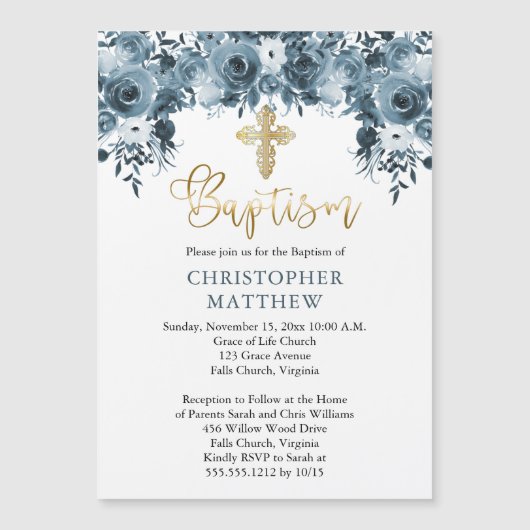 Blauwe Waterverf | Faux Gold Boy Baptisme Magnetische Uitnodiging (Voorkant)