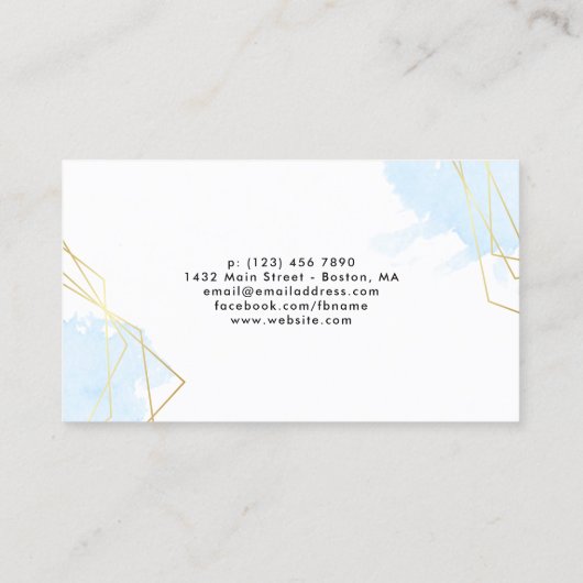 Blauwe Waterverf Faux Gold Geometric Monogram Visitekaartje (Achterkant)