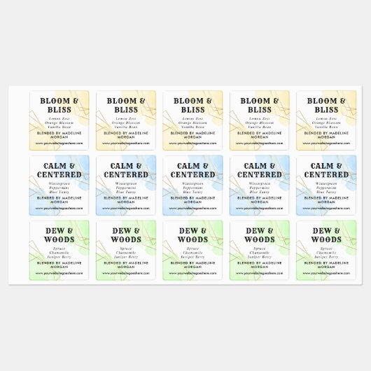 Blauwe Waterverf Faux Gold Geometrische etherische Labels (Vel)