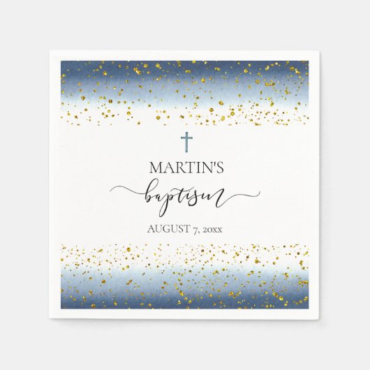 blauwe waterverf FAUX gouden folie details doop Servet (Voorkant)