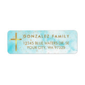 Blauwe Waterverf Faux Gouden Folie Kruisadres Etiket (Voorkant)