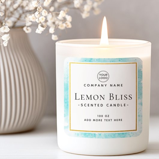 Blauwe waterverf faux gouden rand productlabel vierkante sticker