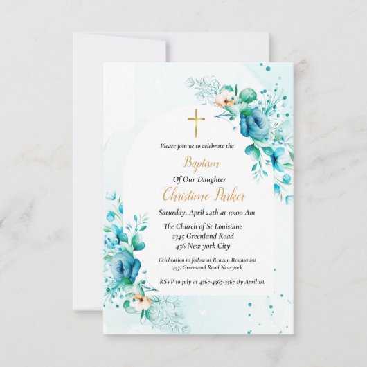 Blauwe waterverf flora splash Baptisme Kaart (Voorkant)