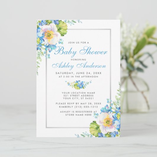 Blauwe Waterverf Floral Baby shower Kaart (Staand voorkant)