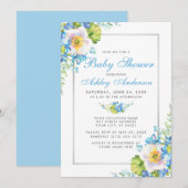 Blauwe Waterverf Floral Baby shower Kaart (Voorkant / Achterkant)