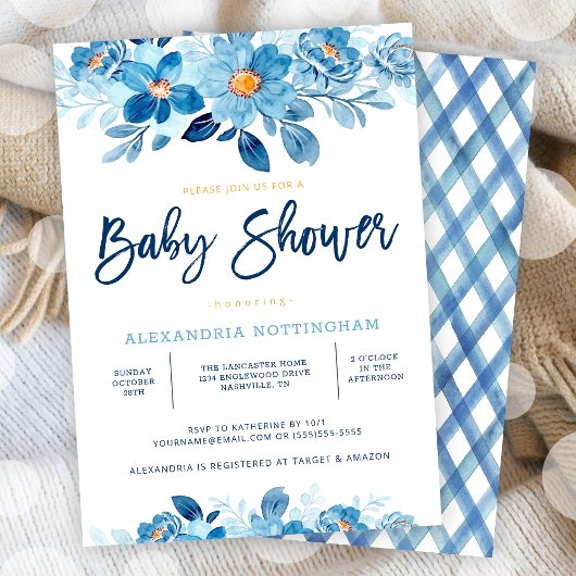 Blauwe Waterverf Floral Baby shower Kaart