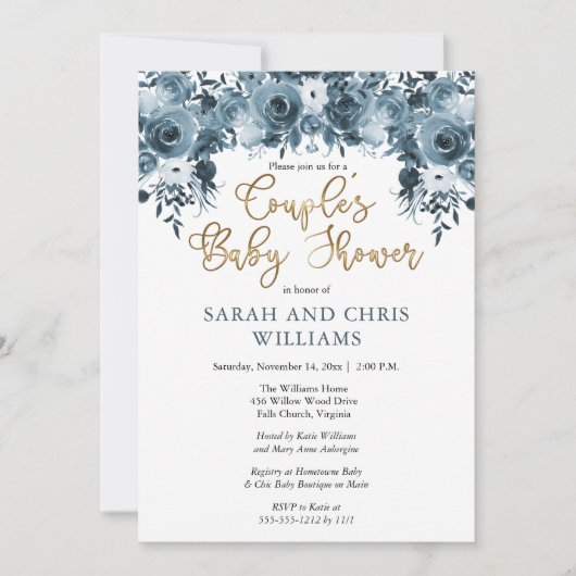 Blauwe Waterverf Floral | Baby shower van gouden p Kaart (Voorkant)