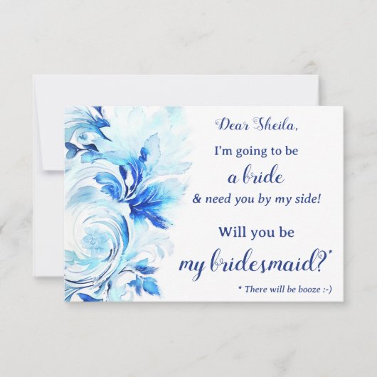 Blauwe Waterverf Floral Beach Waves Bruidsmeisje Kaart (Voorkant)