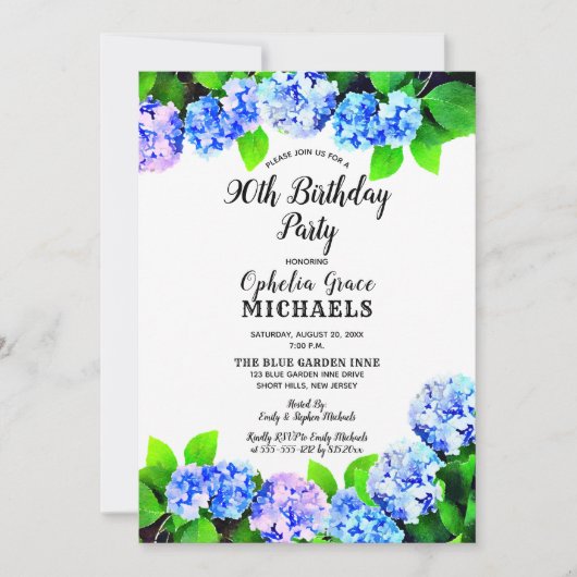 Blauwe Waterverf Floral Birthday Party Kaart (Voorkant)