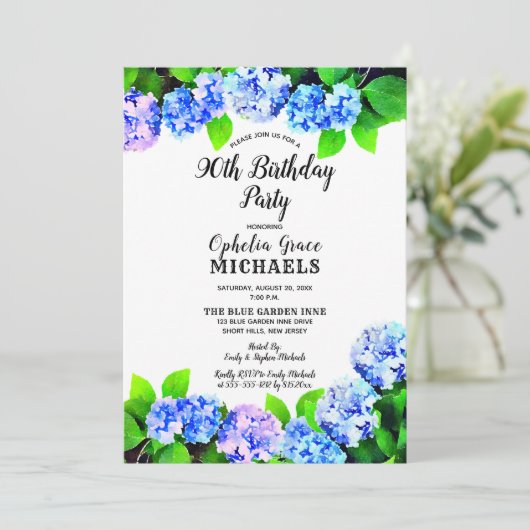 Blauwe Waterverf Floral Birthday Party Kaart (Staand voorkant)