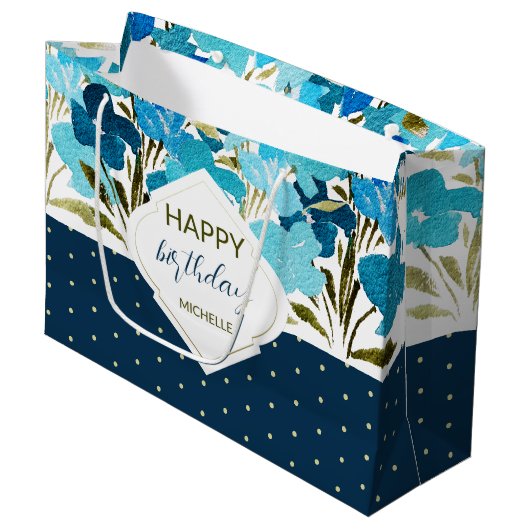 Blauwe Waterverf Floral Boho Handgeschilderd Groot Cadeauzakje (Voorkant Gekanteld)