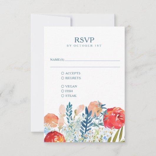  blauwe Waterverf Floral Boho Wedding Meal RSVP Kaartje (Voorkant)