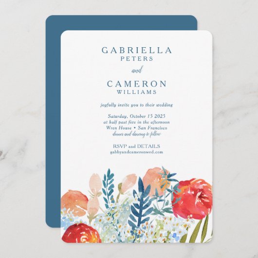  blauwe Waterverf Floral Boho Wedding RSVP Kaart (Voorkant / Achterkant)