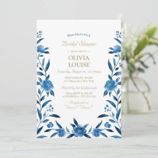 Blauwe Waterverf floral Chinoiserie vrijgezellenfe Kaart (Staand voorkant)