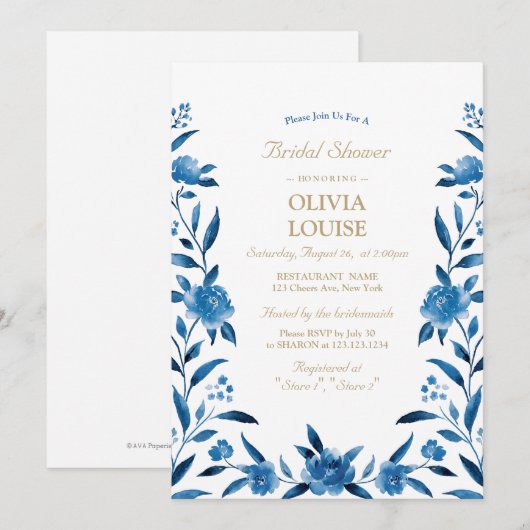 Blauwe Waterverf floral Chinoiserie vrijgezellenfe Kaart (Voorkant / Achterkant)