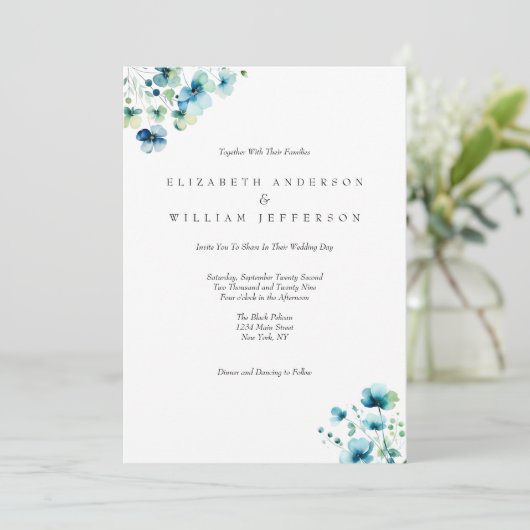 Blauwe Waterverf Floral Elegant formele bruiloft Kaart (Staand voorkant)