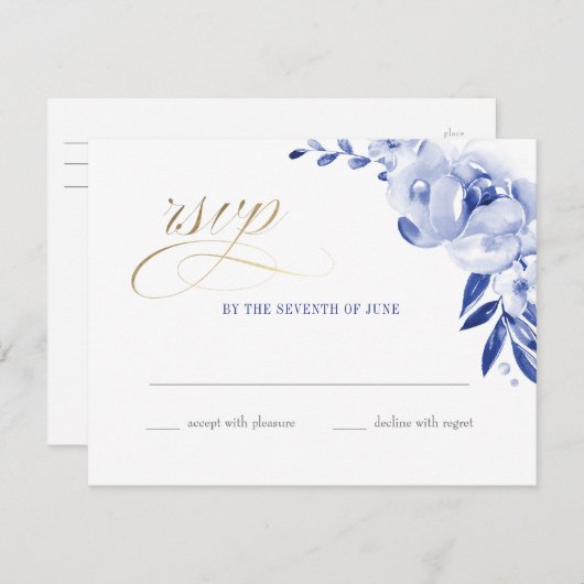 Blauwe Waterverf Floral Faux Folie RSVP Briefkaart (Voorkant / Achterkant)