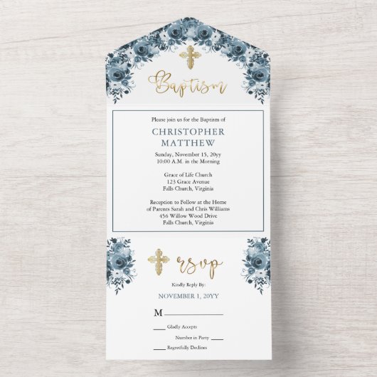 Blauwe Waterverf Floral | Faux Gold Boy Baptisme All In One Uitnodiging (Binnen)