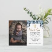 Blauwe Waterverf Floral | Faux Gold Boy Baptisme Bedankkaart (Staand voorkant)