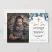 Blauwe Waterverf Floral | Faux Gold Boy Baptisme Bedankkaart (Voorkant)
