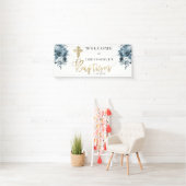 Blauwe Waterverf Floral | Faux Gold Boy Baptisme Spandoek (Insitu)