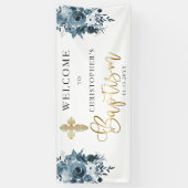 Blauwe Waterverf Floral | Faux Gold Boy Baptisme Spandoek (Verticaal)