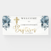 Blauwe Waterverf Floral | Faux Gold Boy Baptisme Spandoek (Horizontaal)