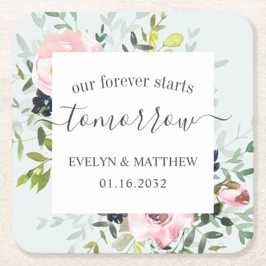 Blauwe Waterverf Floral Forever begint morgen Kartonnen Onderzetters (Voorkant)