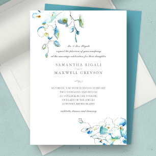 Blauwe Waterverf Floral Formele Bruiloft Uitnodigi Kaart