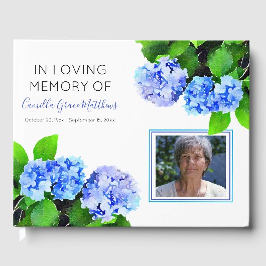 Blauwe Waterverf Floral Foto Bereavement | Begrafe Gastenboek (Voorkant)