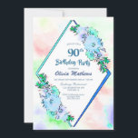 Blauwe Waterverf Floral Geometric 90th Birthday Kaart<br><div class="desc">Een waterverf blauw bloemdiamantgeometrisch lijst voor de 90e verjaardag van de feestdag.</div>
