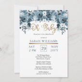 Blauwe Waterverf Floral | Gold Boy Oh Baby shower Kaart (Voorkant)