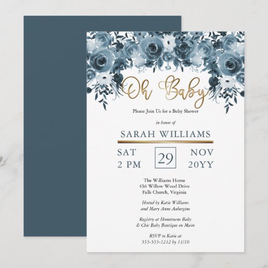 Blauwe Waterverf Floral | Gold Boy Oh Baby shower Kaart (Voorkant / Achterkant)