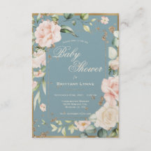 Blauwe Waterverf Floral Gold Lijst Baby shower