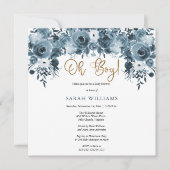 Blauwe Waterverf Floral | Gold Oh Boy Shower Kaart (Voorkant)